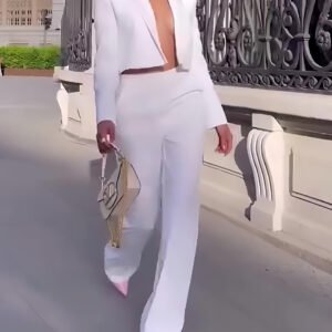 Solid Color Short Blazer & High-waisted Pants Two-piece Set