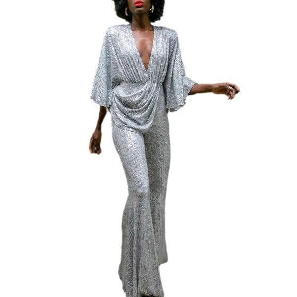 Sequined Deep V-neck And Backless Jumpsuit Trousers - Image 5