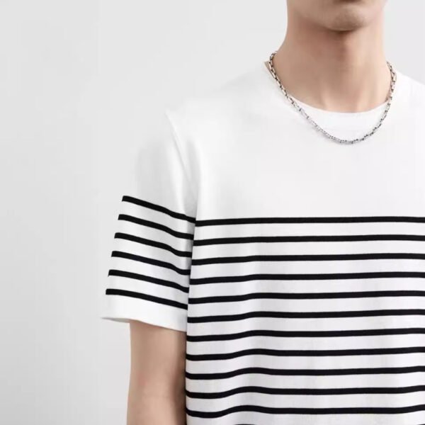 Soft Retro Navy Blue Shirt Short-sleeved T-shirt Men's Knitted Striped Top - Image 2