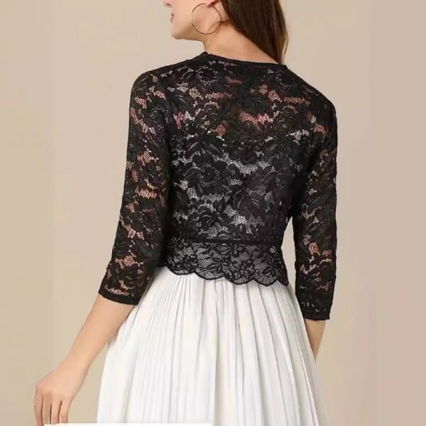 Ladies' Vest Short Collarless Cardigan Top Solid Color Elegant Lace Shirt - Image 3