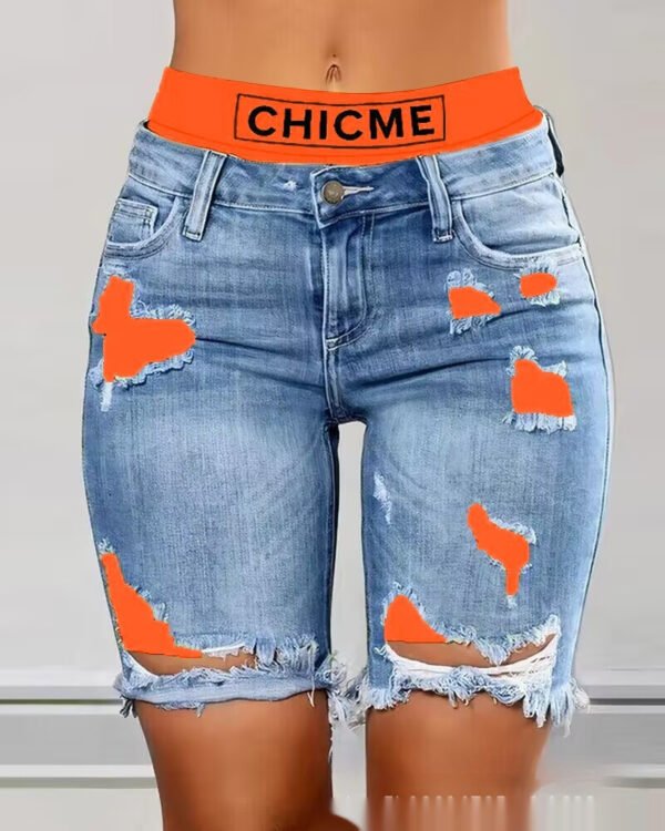 Color Contrast Patchwork Ripped Fake Two-piece Denim Shorts - Image 3