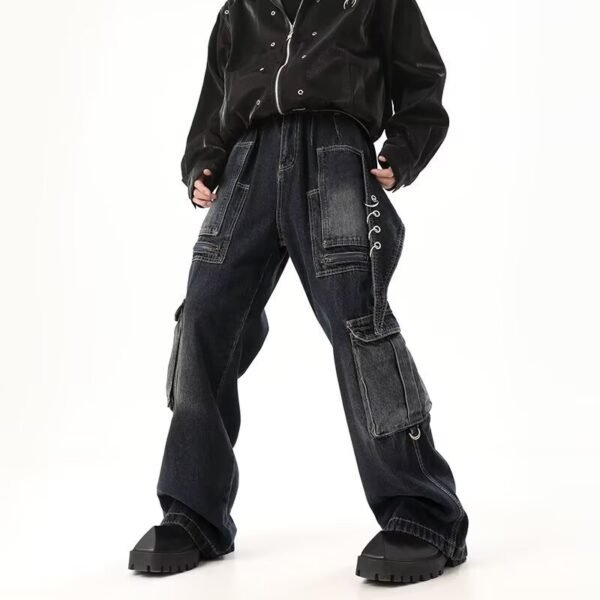 High Street Three-dimensional Multi-pocket Design Straight Jeans - Image 3