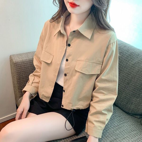 Korean Version Of Everything Loose Simple Drawstring Design Sense Long-sleeved Casual Shirt Short Top - Image 5