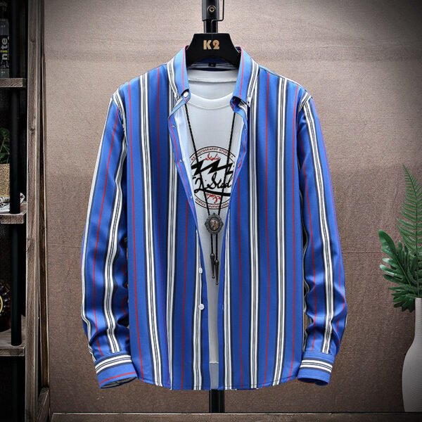 Men's Long Sleeve Lapel Striped Casual Shirt - Image 2
