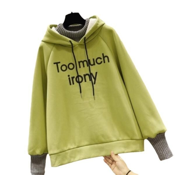Fake Two-piece Fashion Tops Fleece-lined Thickening Print Letter Hooded Sweater - Image 2