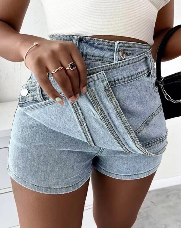 Y2K Street Vintage Denim Shorts Stretch Overlap Waist Wrap Solid Asymmetrical Hem A-Line Skinny Mini Skorts Skirt - Image 2