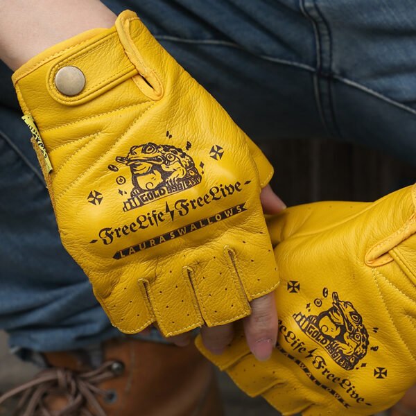 Yellow First Layer Cowhide Half Finger Motorcycle Gloves
