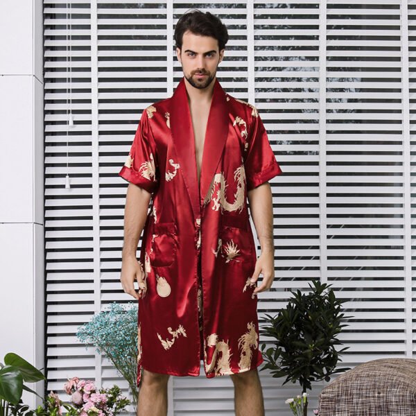 Two-piece Suit Of Dragon Pattern Bathrobe Silk Nightgown And Short Pajama Pants - Image 7