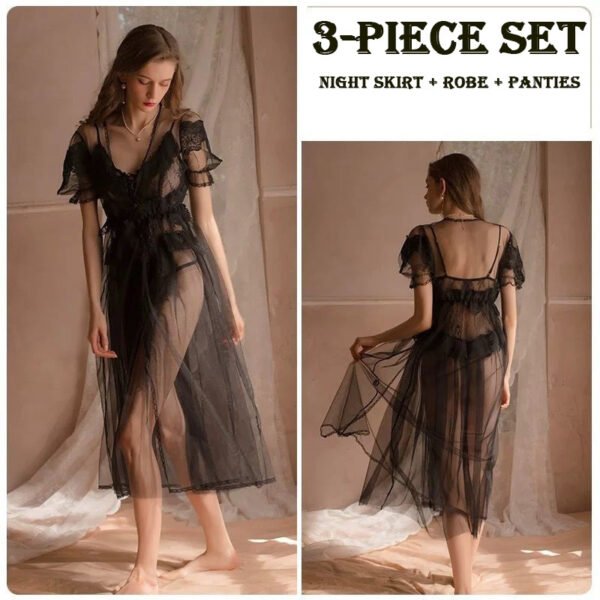 Women Chemise White Polyester Lace Sheer Stretch Chemise Overcoat Panty 3-Piece Set Sexy Lingerie Outfit - Image 8