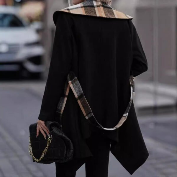 Lace-up Plaid Color Matching Wool Mid-length Trench Coat For Women - Image 4