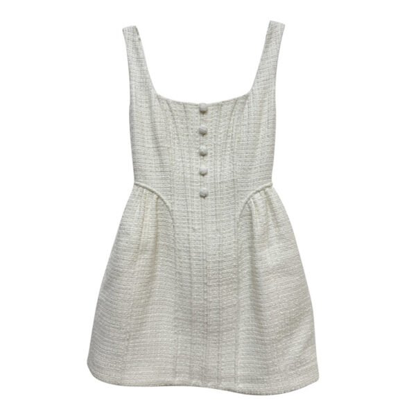 Ivory White Woven Tweed Sleeveless Waist Dress - Image 6