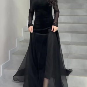 Black Velvet Patchwork Mesh Maxi Dress