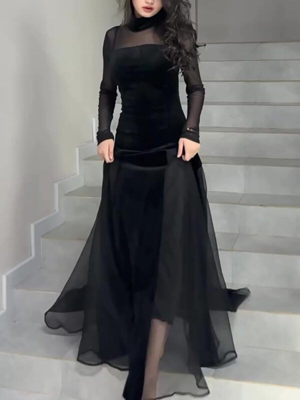 Black Velvet Patchwork Mesh Maxi Dress