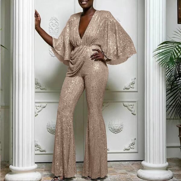Sequined Deep V-neck And Backless Jumpsuit Trousers - Image 10