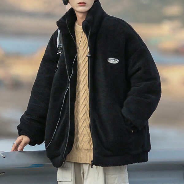 Men's Cotton-padded Jacket Fleece-lined Thick Lambskin Coat Stand-up Collar Cotton-padded Clothes - Image 6
