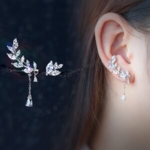 925 Silver Earrings sweet Korean female asymmetrical earrings earrings earrings diamond leaves leaves E0629