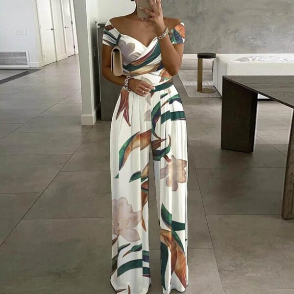 European And American Fashion Off-shoulder Printed Temperament Commute Casual High Waist Jumpsuit Women - Image 2