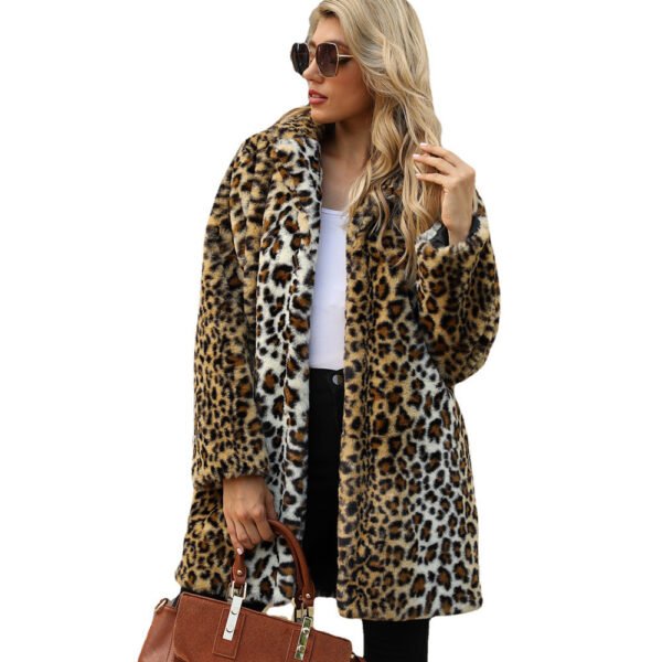 Leopard Print Stud  Winter Suit Collar Artificial Fur Coat - Image 5