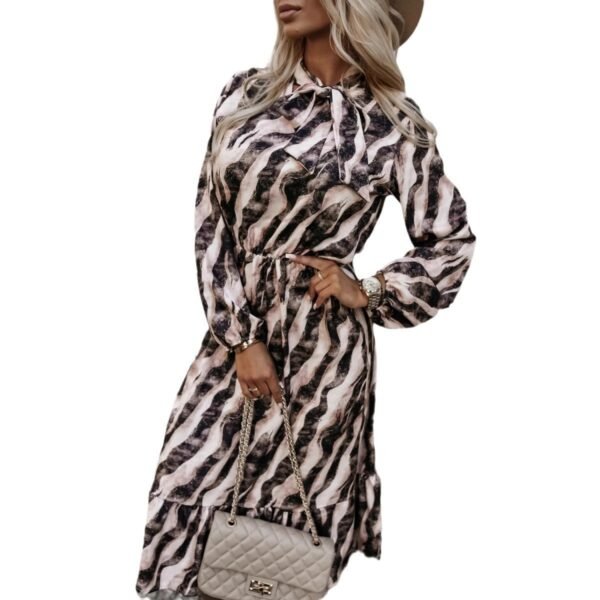 Women's Fashion Bowknot Zebra Print Long Sleeve Dress - Image 5