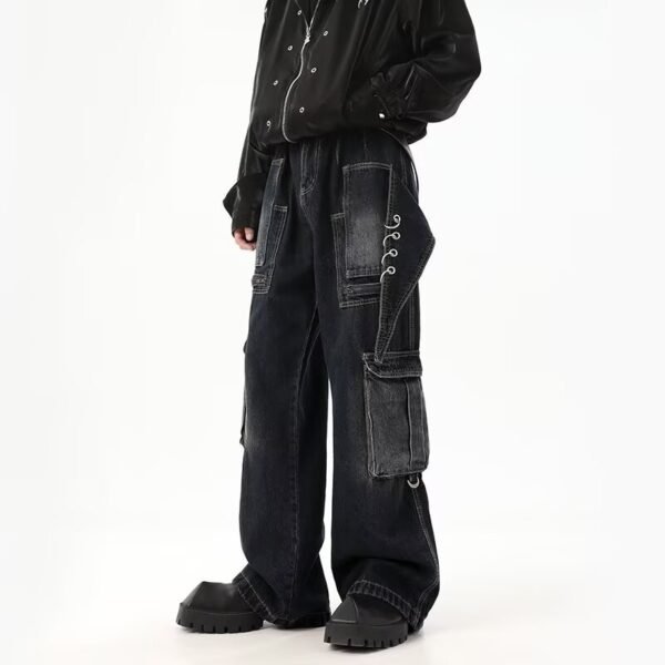 High Street Three-dimensional Multi-pocket Design Straight Jeans - Image 6