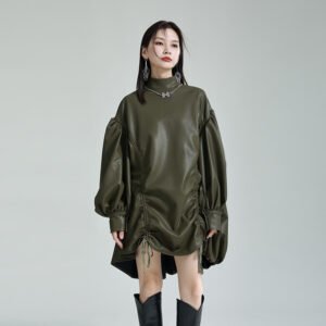 Design Irregular Drawstring Stand Collar Cloak Dress