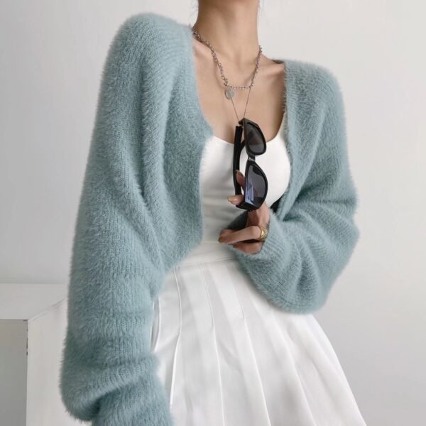 Furry Sweater Long Sleeve Short Blouse Outer Coat - Image 2
