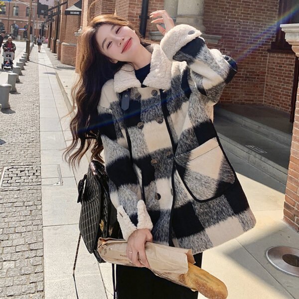Black And White Lattice Pattern Lamb Wool Coat - Image 6