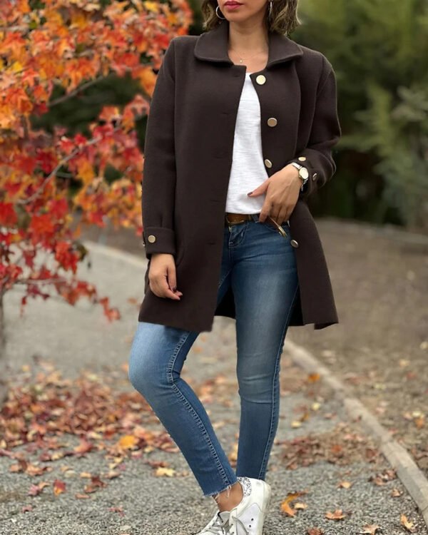 Polo Collar Solid Color Casual Bow Woolen Coat - Image 8
