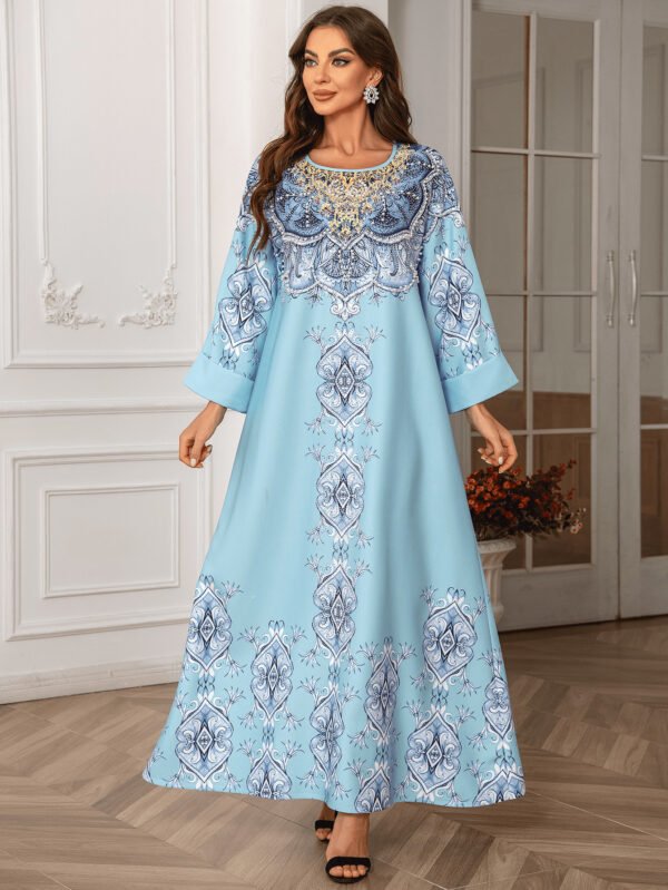 High Density Rhinestone Floral-print Beaded Robe Elegant Round Neck Dress - Image 5