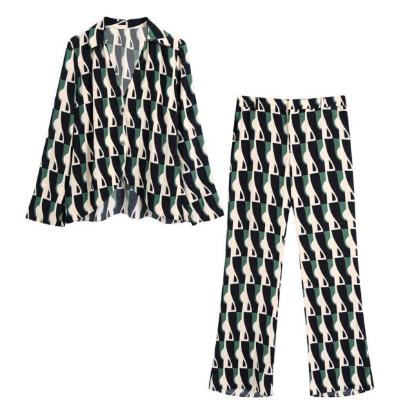 Loose Blouse Geometric Print Flared Pants Suit - Image 6