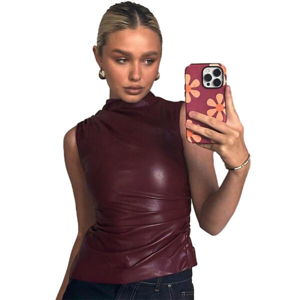 Women's Leather Cascading Collar Waist Slant Short Sleeve - Image 5
