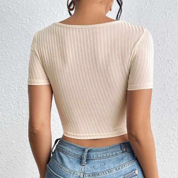 Women's Sunken Stripe Rib Lace-up Square Collar Top - Image 4