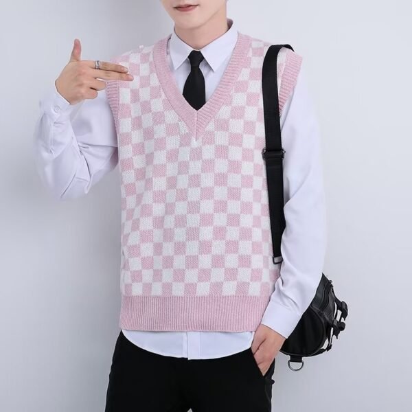 V-neck Knitted Boys' Checkered Sweater Vest - Image 6