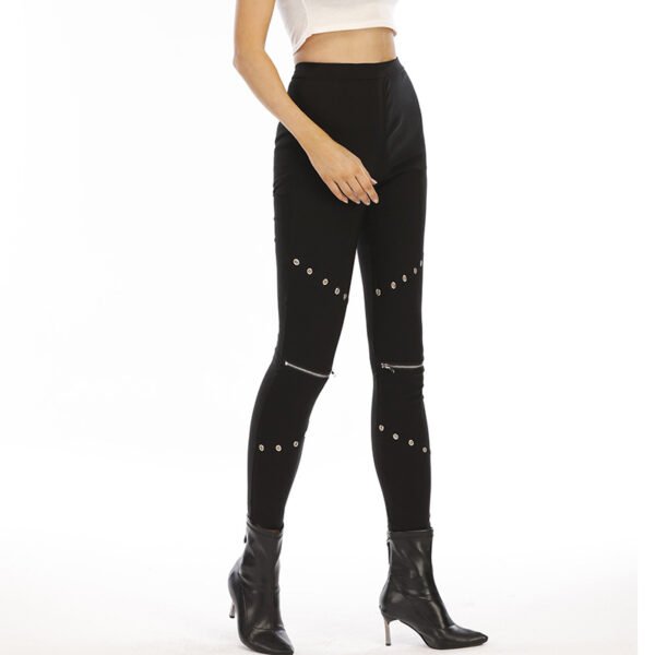 Sports Hip Lifting Cropped Solid Color Black Zipper Vulnerability Leggings - Image 2