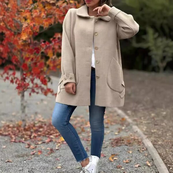 Polo Collar Solid Color Casual Bow Woolen Coat - Image 4