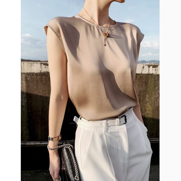 Women's Summer Round Neck Satin Sleeveless Spaghetti-strap Camisole Top - Image 4