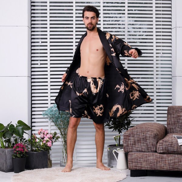 Two-piece Suit Of Dragon Pattern Bathrobe Silk Nightgown And Short Pajama Pants - Image 6