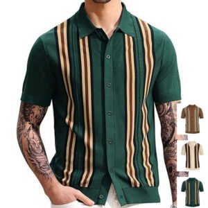 Green Striped Short Sleeve Slim Shirt