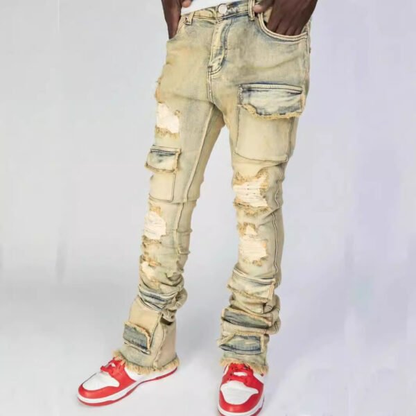 Men's Denim Straight-leg Overalls European And American Fashion Stretch Ripped Laminated Micro-pull Pants - Image 5