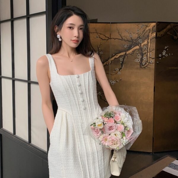 Ivory White Woven Tweed Sleeveless Waist Dress - Image 4