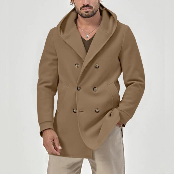 Fall And Winter Men's Soil Windbreaker In The Long Section Of The Lapel Hooded Composite Space Cotton Double-breasted Casual Windbreaker Jacket - Image 2