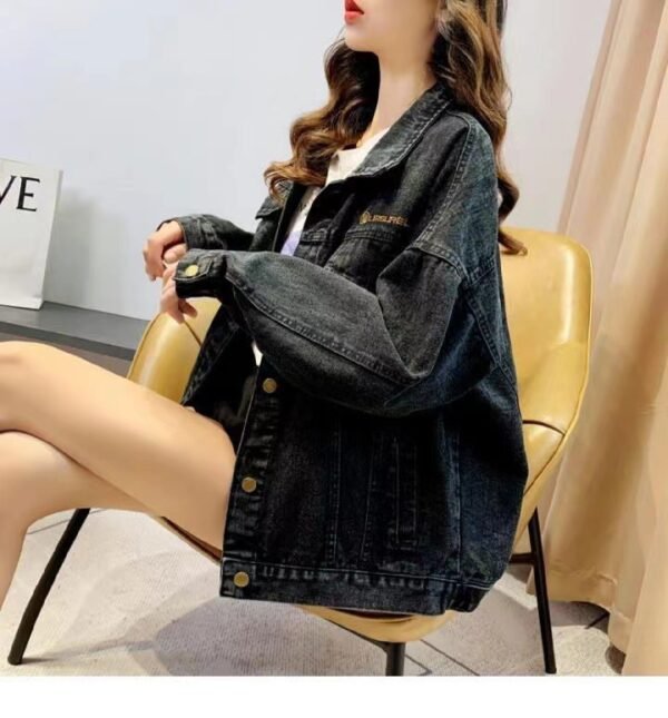 Loose Embroidered Lettered Black Denim Jacket - Image 3