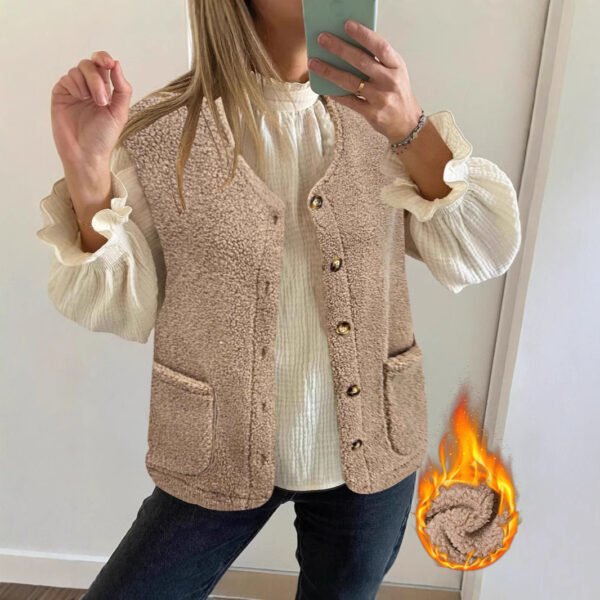 Fashion Round Neck Pocket Plush Vest - Image 2