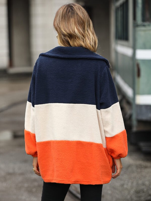 Women's Long Sleeve Loose Lapels Patchwork Stripes Pullover Bubble Velvet Casual Sweatshirt - Image 2