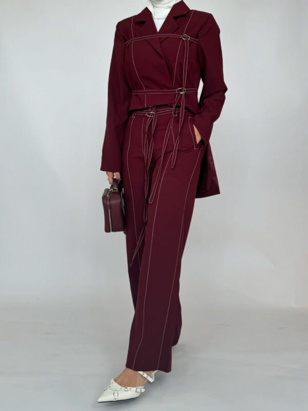 Burgundy Lace-up Top & High-waisted Pants Set - Image 3