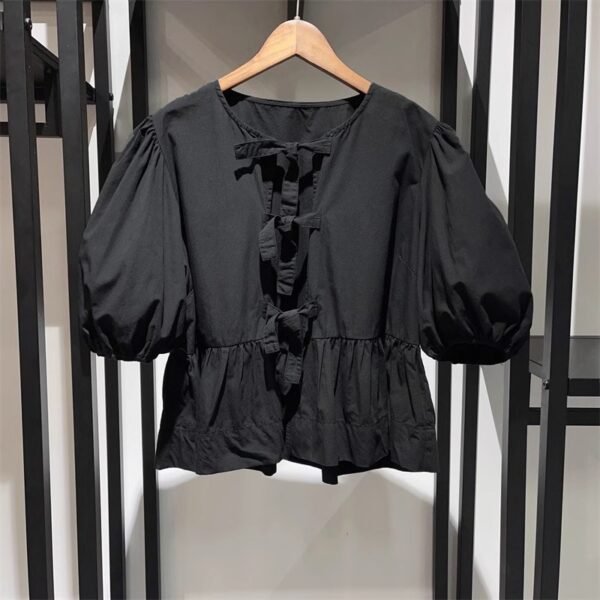 Women's Sweet Round Neck Lace-up Bow Tie Puff Sleeve Solid Color Shirt - Image 7