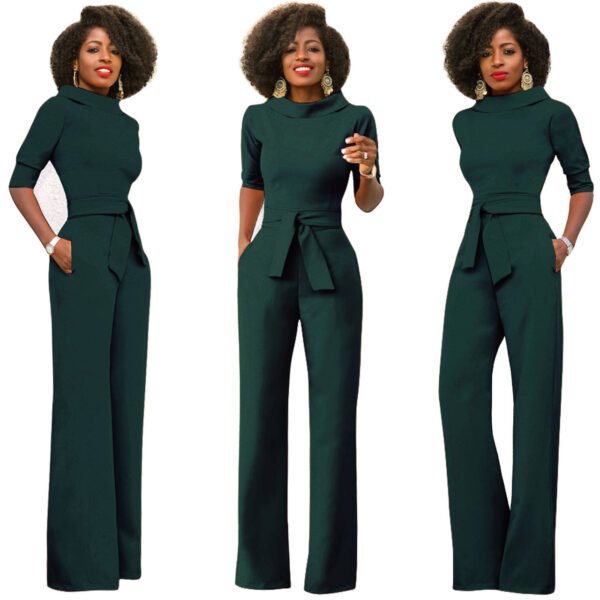 Women's Solid Color Five Quarter Sleeve High Waist Wide Leg Jumpsuit - Image 3