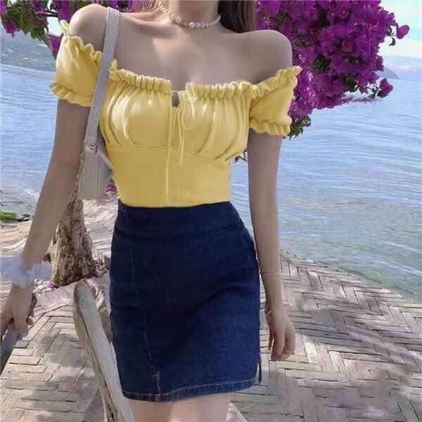 Women's Fashion Chic Collarbone Off-shoulder Design Drawstring Short Sleeve - Image 7