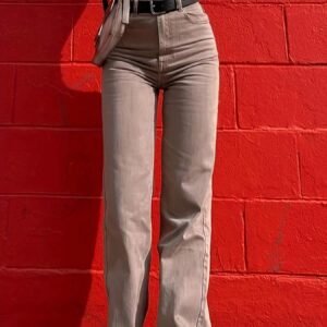 Women High-Waisted Vintage Loose Straight-Leg Jeans Solid Color Pockets Jeans Button Zipper Non-Stretch Denim Pants