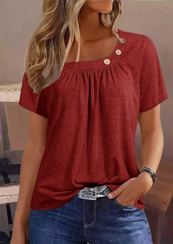 Solid Color Buttons Element Short Sleeve Round Neck T-shirt - Image 3